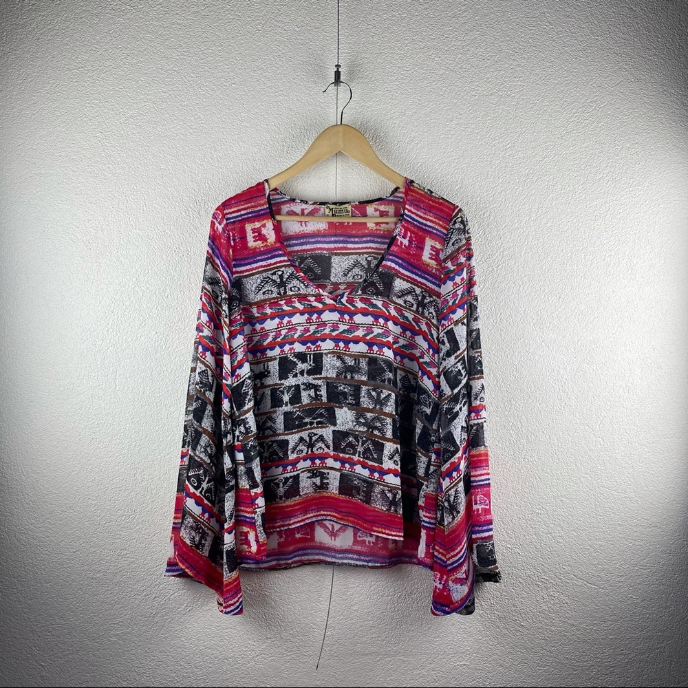 Show Me Your Mumu l S Sheer Oversize Southwestern Tribal Boho Bell Sleeve Blouse